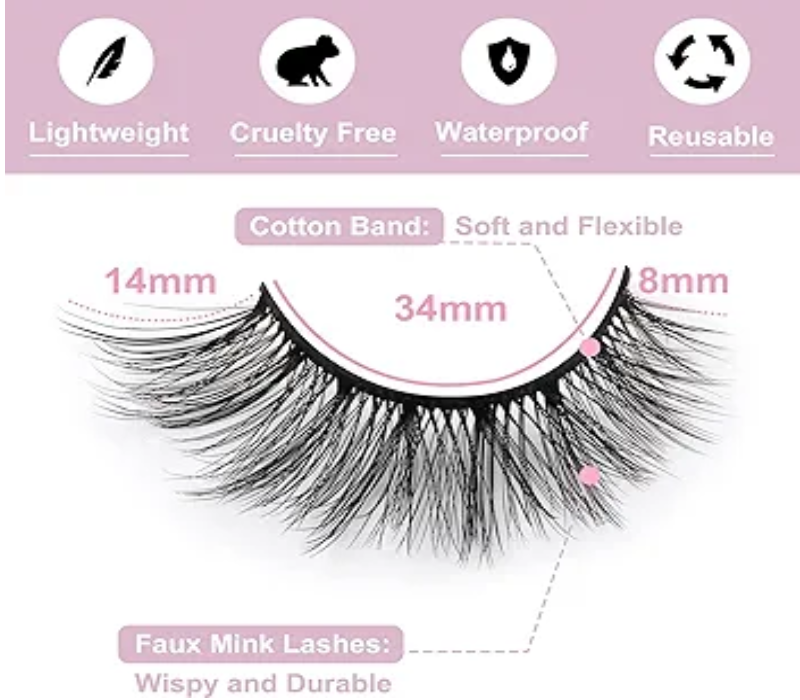 False Eyelashes 14mm Faux 3D Mink Lashes - Natural Look, Fluffy Cat Eye - 14 Pairs 