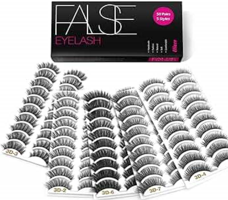 Eliace Eyelashes, 50 Pairs 5 Styles 3D Faux Mink Lashes - Natural Look, Wispy Fluffy 