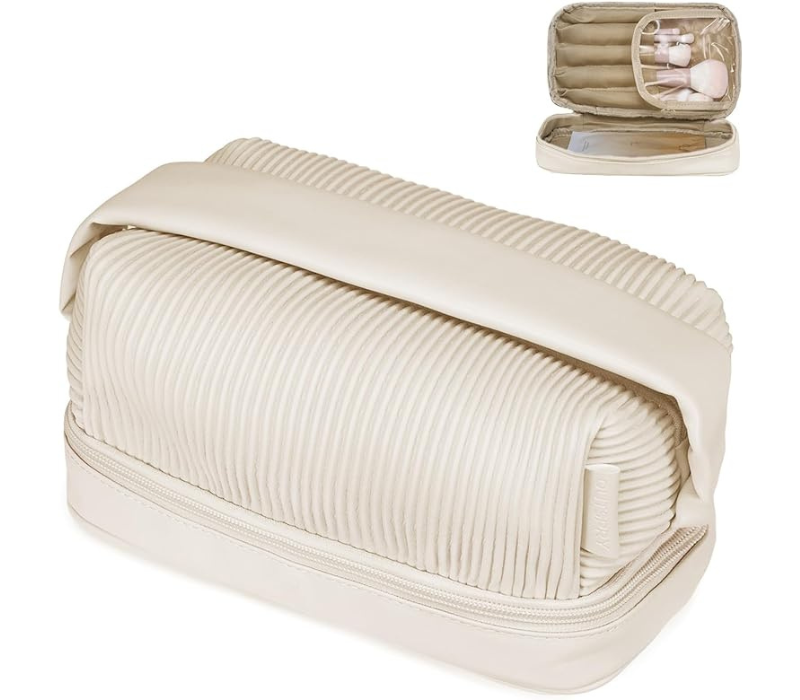 OutSpry Makeup Bag - Cream Toast Bag, Large Capacity Double Layer, Vegan Leather