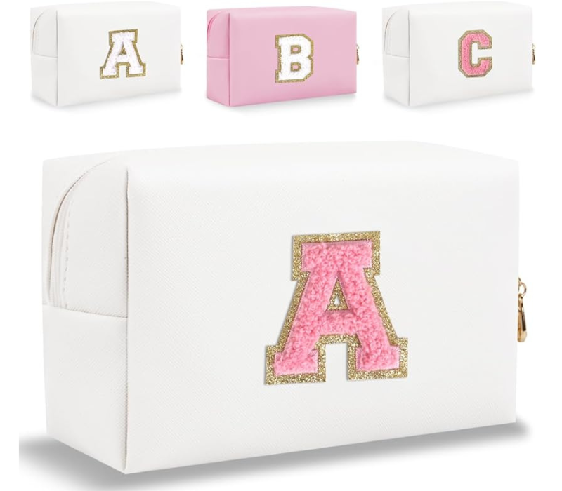 Small Personalized Initial Letter Makeup Bag - Waterproof PU Leather, Chenille Letter