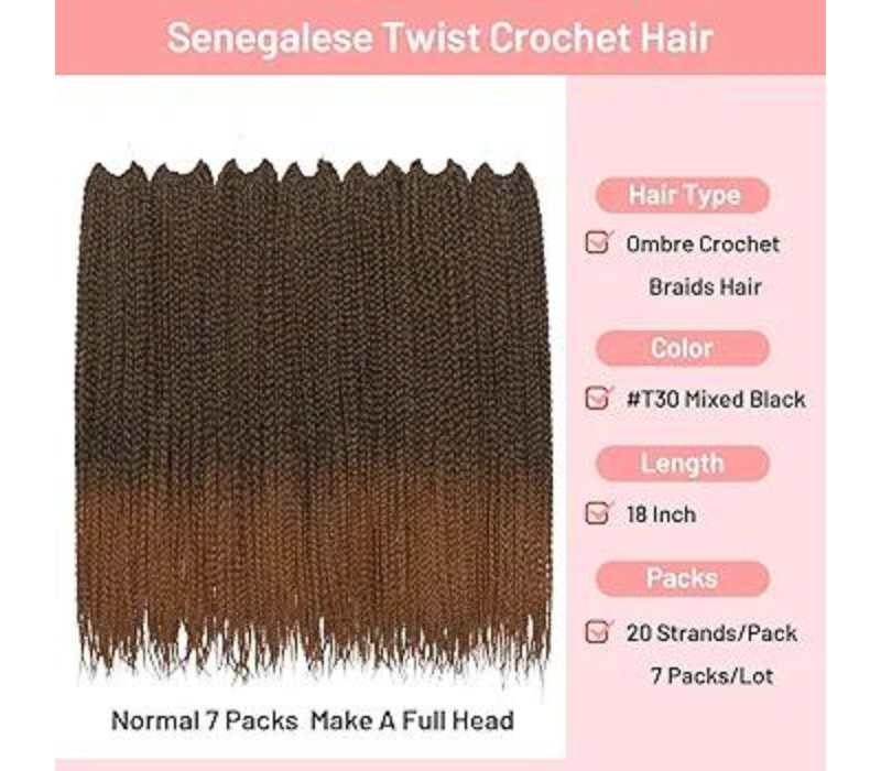 Ombre Crochet Box Braids: 7 Packs, Pre-Looped, Synthetic, Medium-Length (#T30, 18inch)