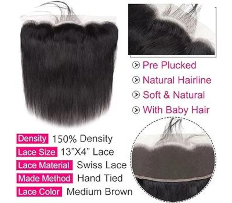 13x4 Straight Lace Frontal - Brazilian Virgin Human Hair, HD Lace, Natural Color 12 Inch