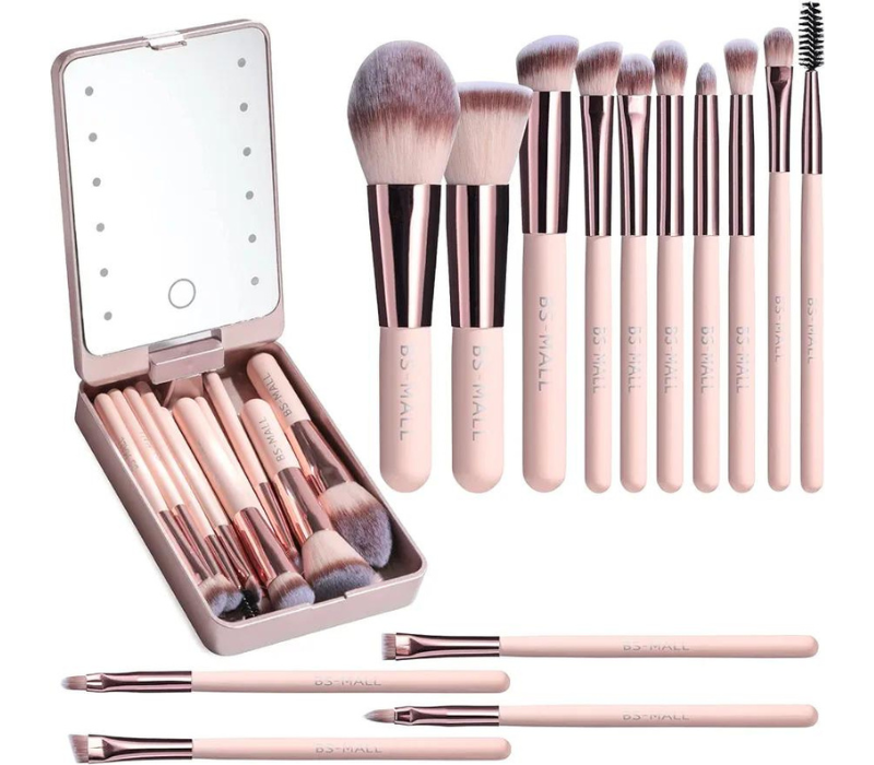 BS-MALL Travel Makeup Brush Set - LED light Mirror, APINK, 14 Pcs