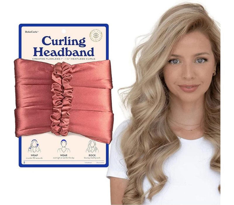 Satin Heatless Curling Rod Headband Hair Accessories for Women (Rose) -- Includes 2 Scrunchies 