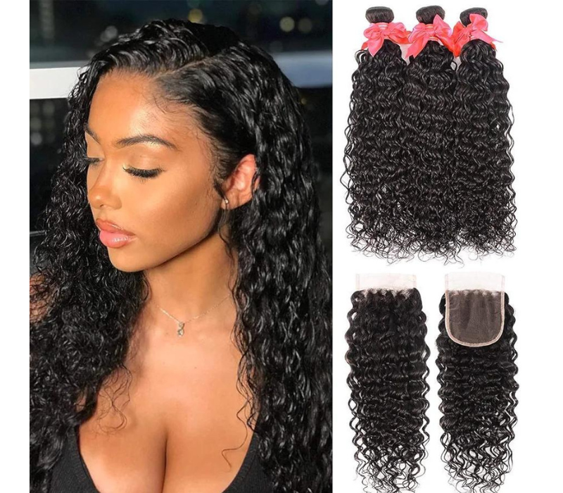 Water Wave Bundle with Closure, wet and Wave Brazilian Virgin Human Hair